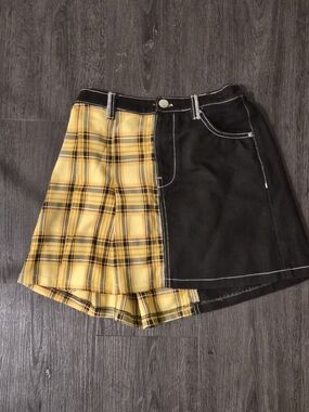 Yellow Plaid & Black Jean Split Mini Skirt